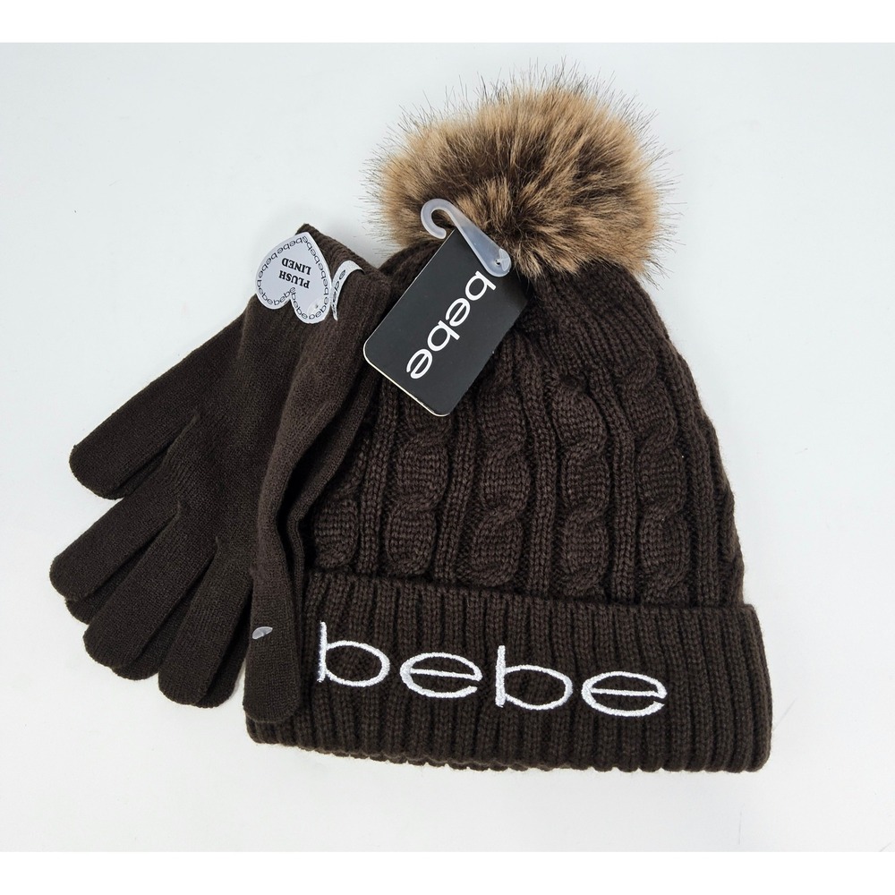 Bebe Beanie Hat Womens NEW 2pc Set Gloves Cable Knit Faux Fur Pom Pom Brown Snow